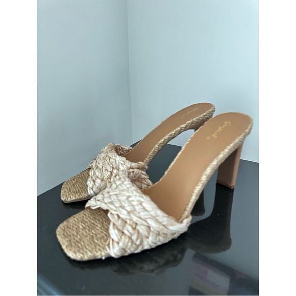 Qupid KAYLEE-83 Natural Raffia Woven Straw Heeled Sandals sz 10 - Picture 3 of 7